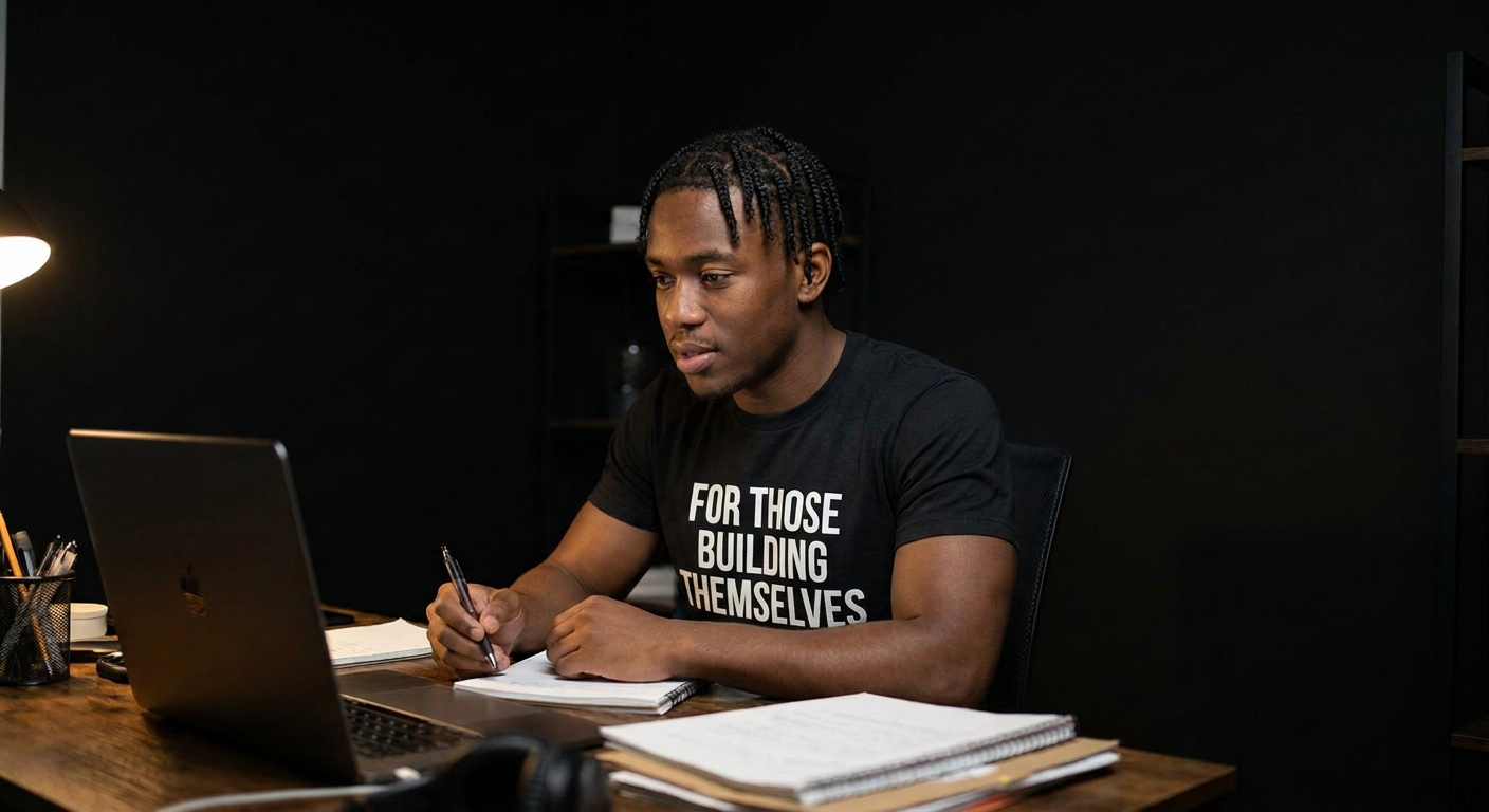 A young builder working late at a desk in a GYMMODE tee